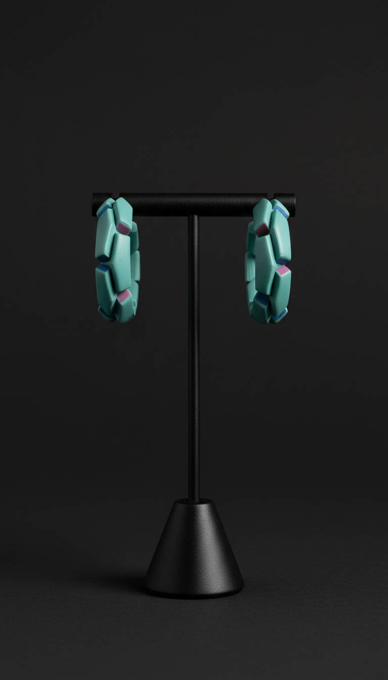 Cool Teal Geometric Clay Hoop Earrings